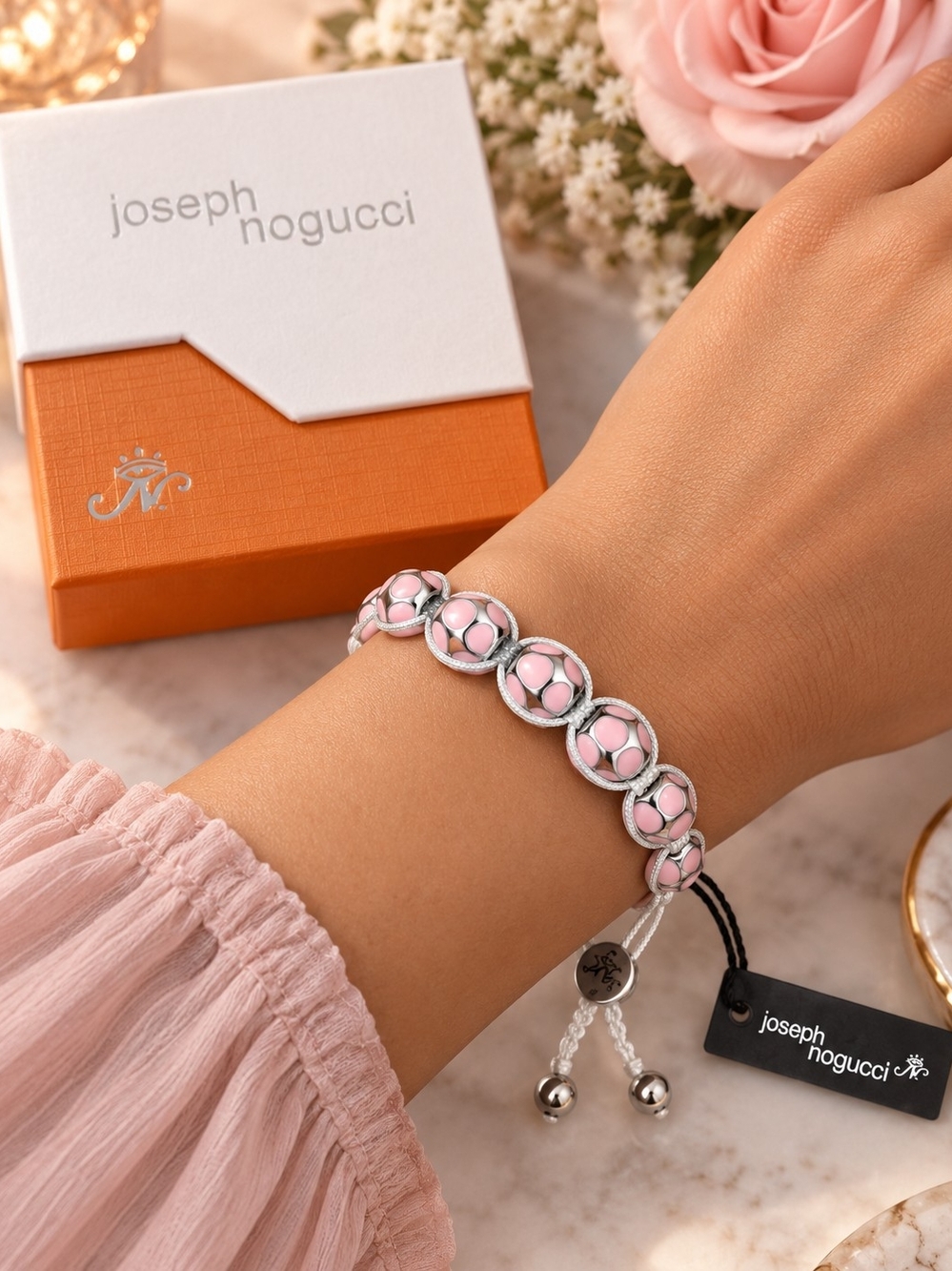 Joseph Nogucci Pink Enamel Link Bracelet with Silver Accents